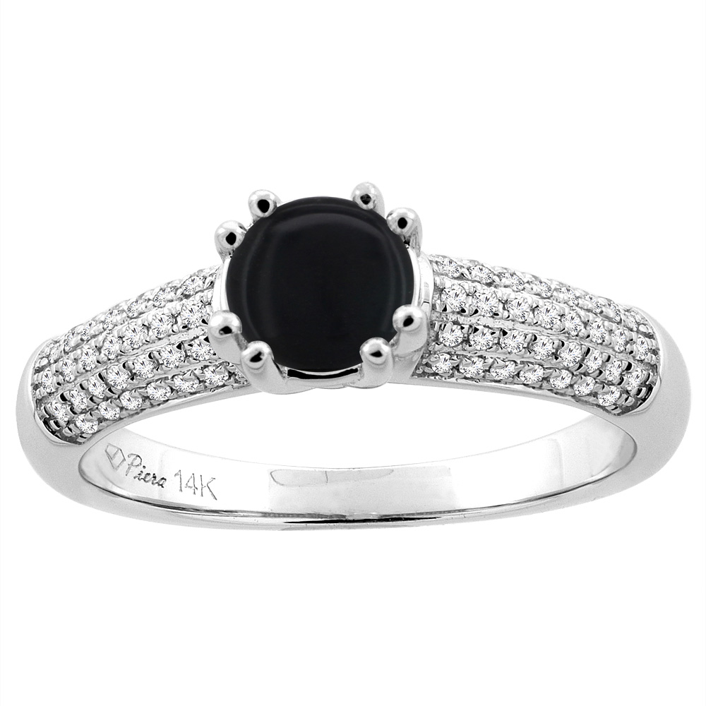 14K White Gold Natural Black Onyx Engagement Ring Round 6 mm & Diamond Accents, sizes 5 - 10