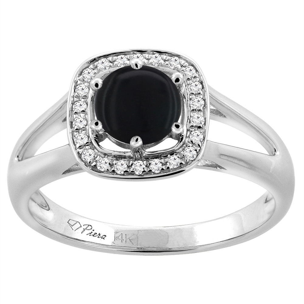 14K White Gold Natural Black Onyx Engagement Halo Ring Round 6 mm & Diamond Accents, sizes 5 - 10