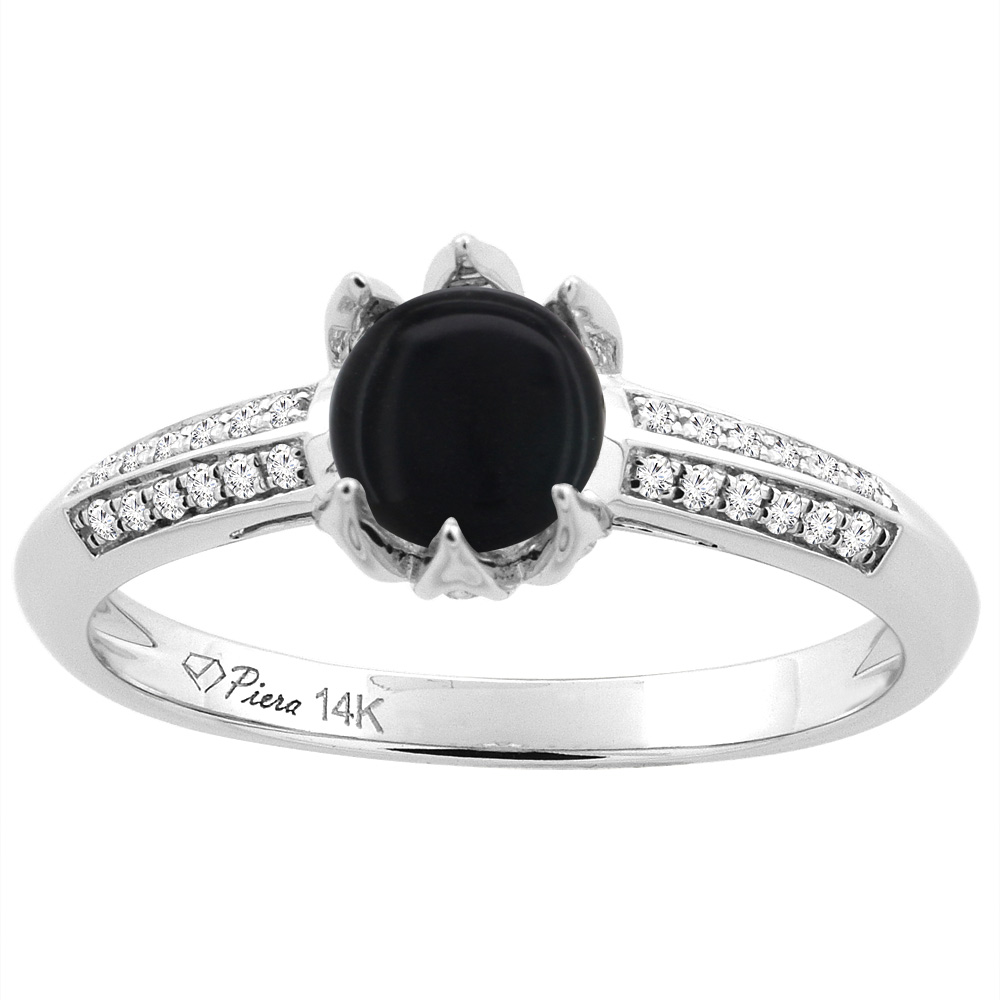 14K White Gold Natural Black Onyx Engagement Ring Round 6 mm &amp; Diamond Accents, sizes 5 - 10
