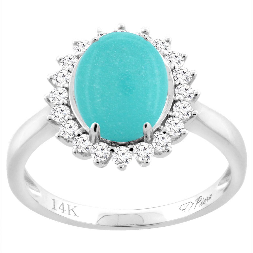 14K White Gold Natural Diamond Sleeping Beauty Turquoise Engagement Ring Oval 10x8mm, sizes 5-10