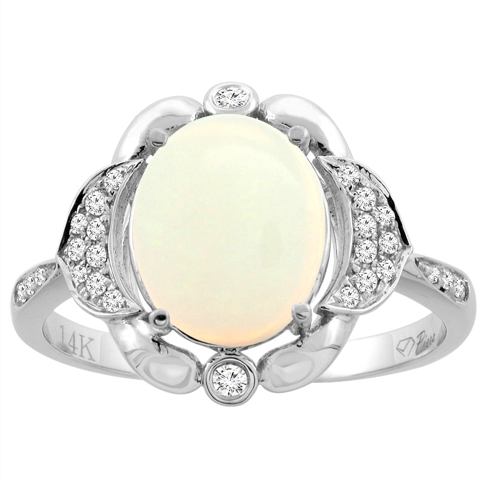 14K White Gold Diamond Natural Opal Engagement Ring Oval 10x8mm, sizes 5-10