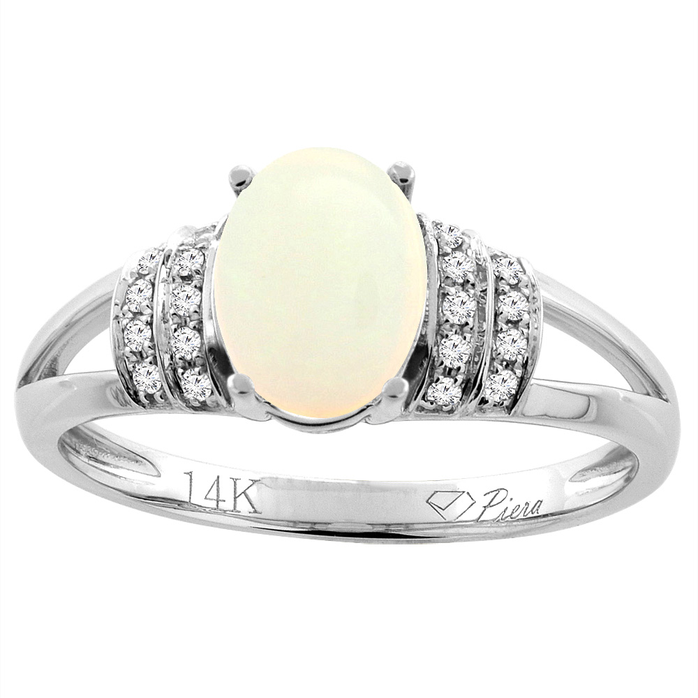 14K Gold Natural Opal Ring Oval 8x6 mm Diamond Accents, sizes 5 - 10