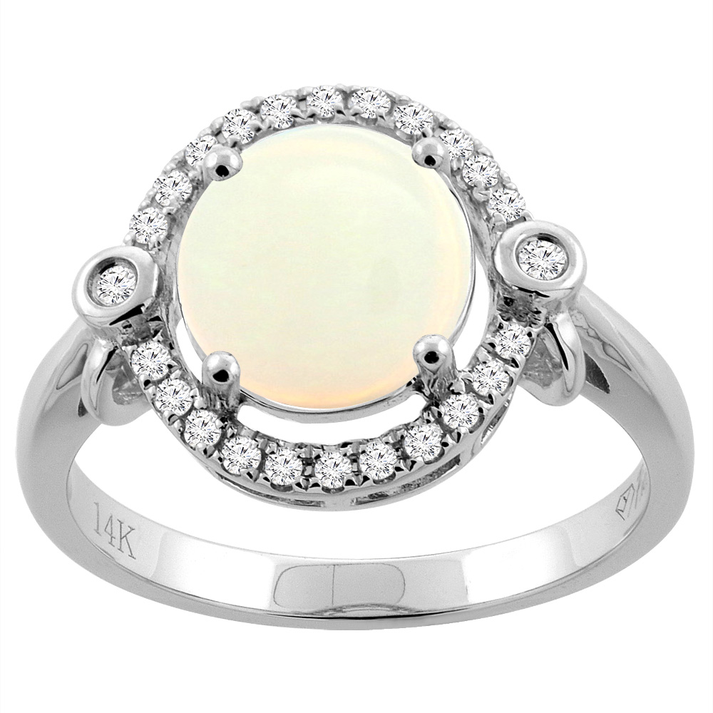 14K White Gold Diamond Natural Opal Engagement Ring Oval 10x8mm, sizes 5-10