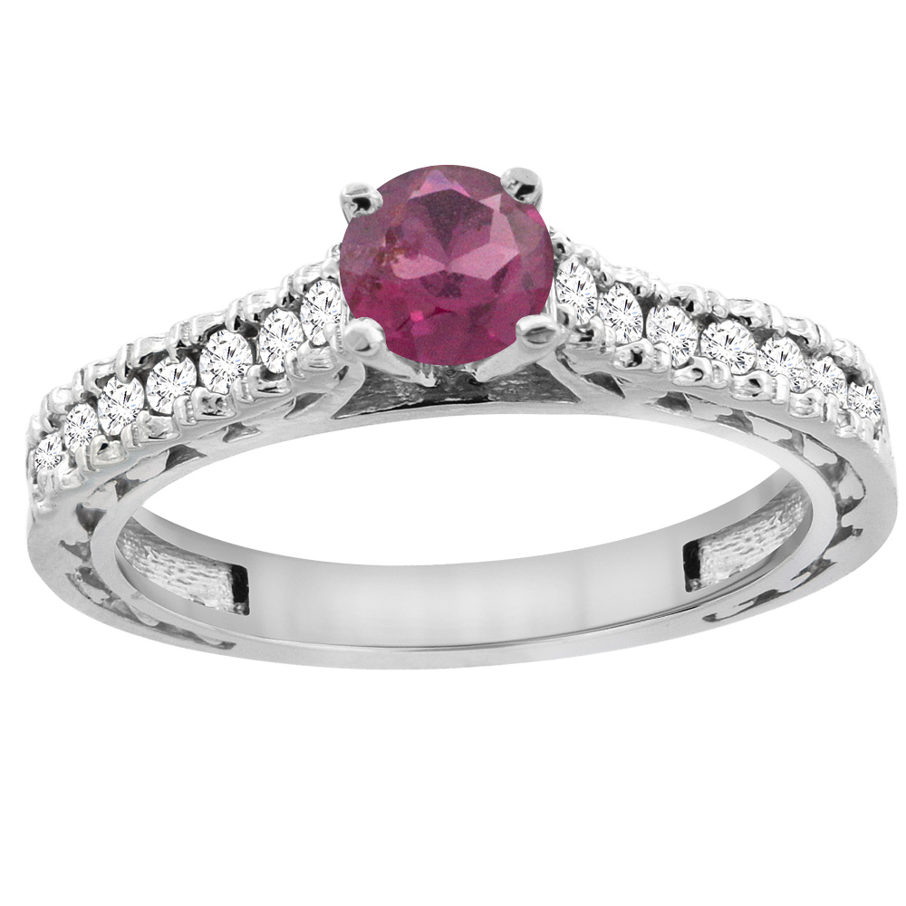 14K White Gold Natural Rhodolite Round 5mm Engraved Engagement Ring Diamond Accents, sizes 5 - 10