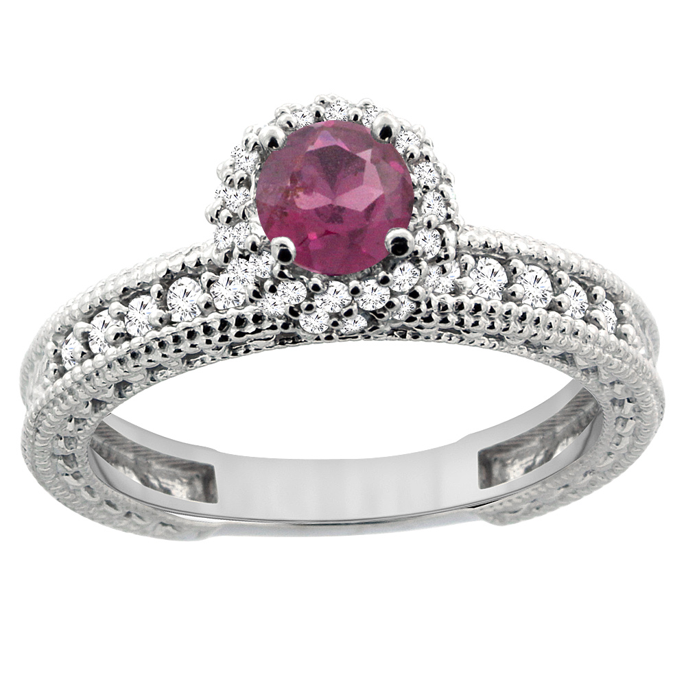 14K White Gold Natural Rhodolite Round 5mm Engagement Ring Diamond Accents, sizes 5 - 10