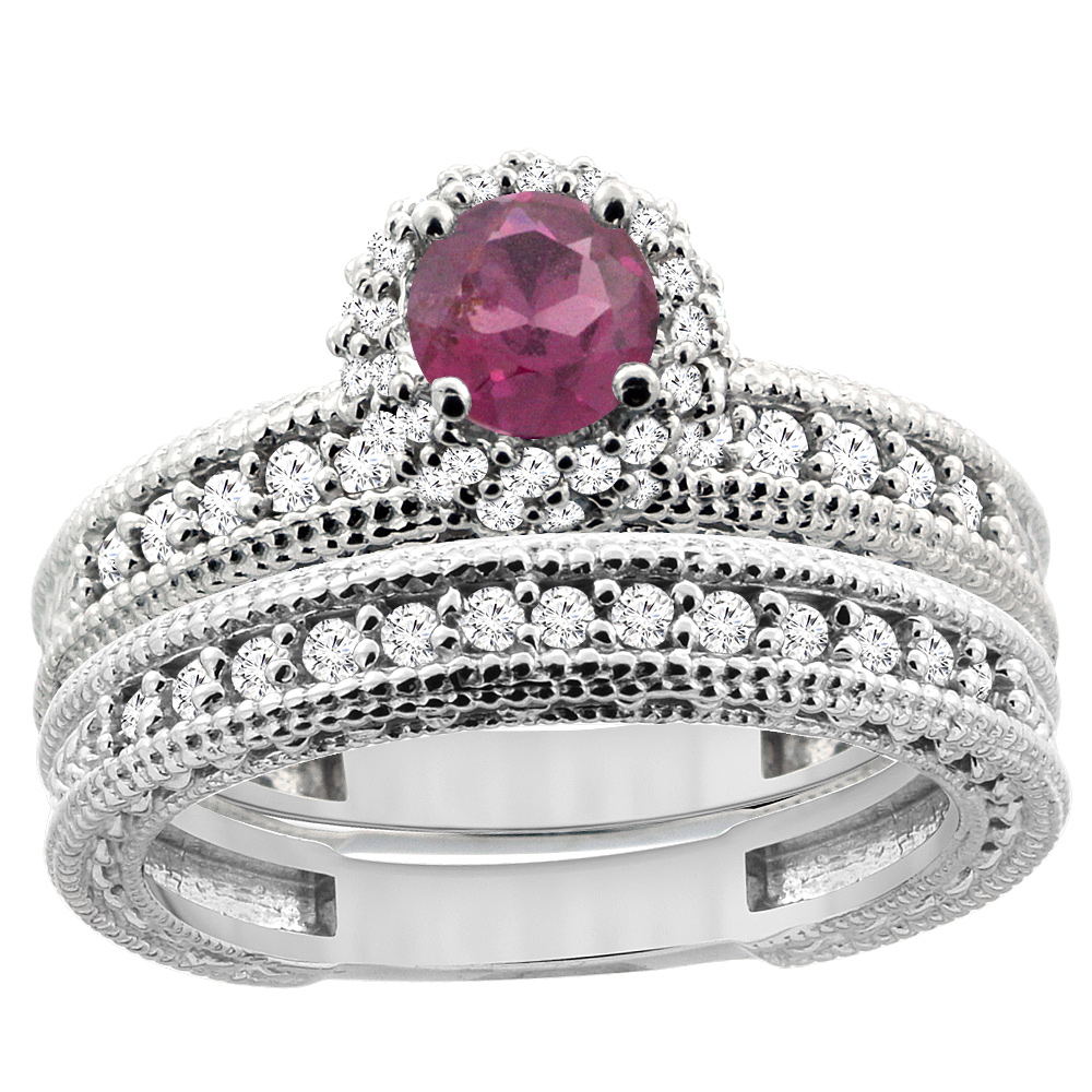 14K White Gold Diamond Natural Rhodolite Round 4mm Engagement Ring 2-piece Set, sizes 5 - 10