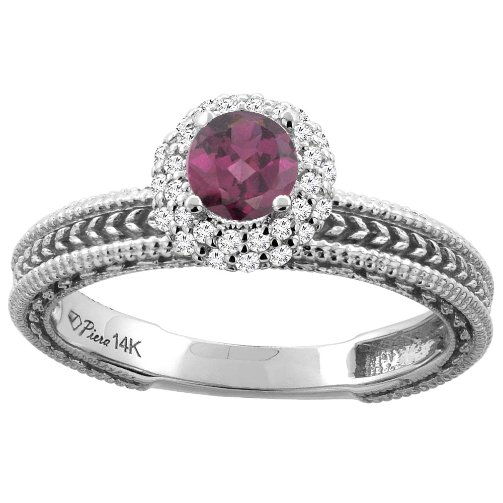 14K White Gold Natural Rhodolite & Diamond Engagement Ring Round 5 mm, sizes 5-10