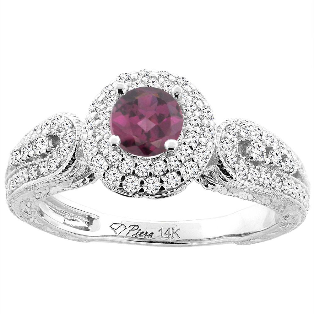 14K Yellow Gold Natural Rhodolite & Diamond Halo Ring Round 5 mm, sizes 5-10