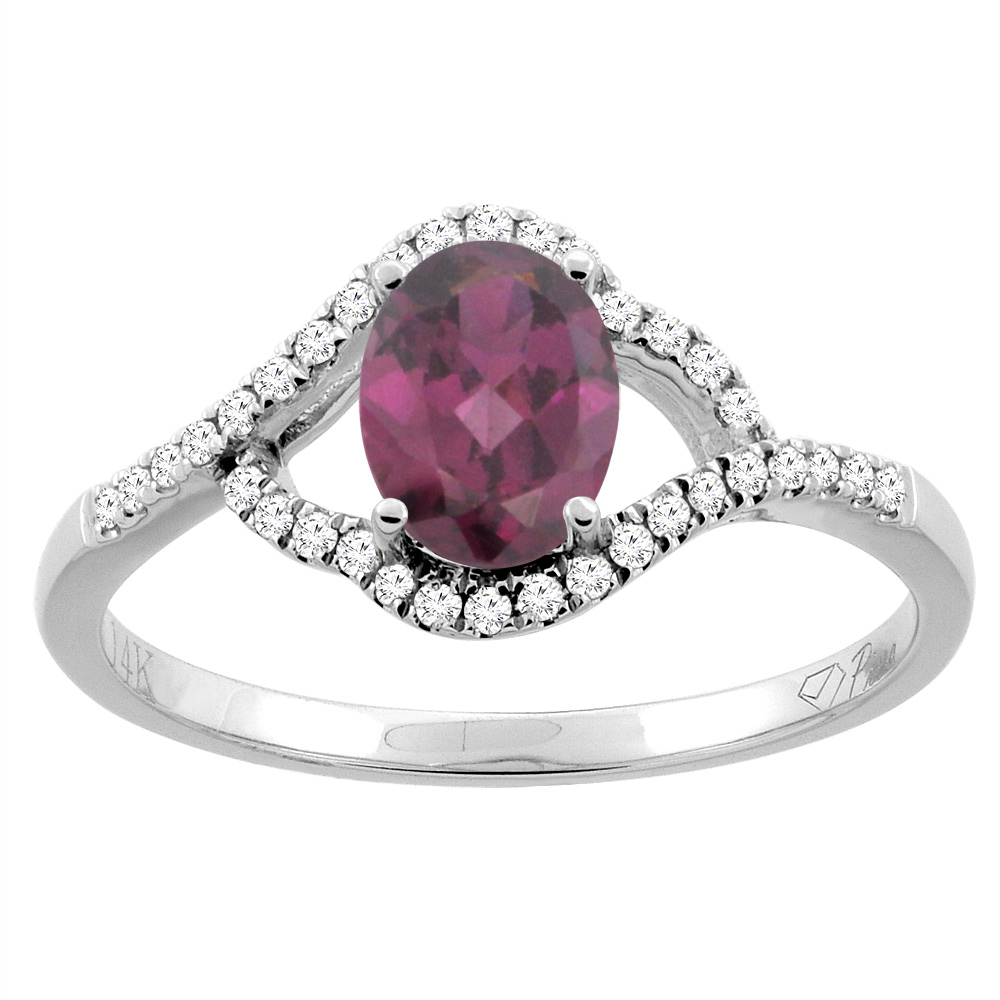 14K Gold Diamond Natural Rhodolite Engagement Ring Oval 7x5 mm, sizes 5 - 10