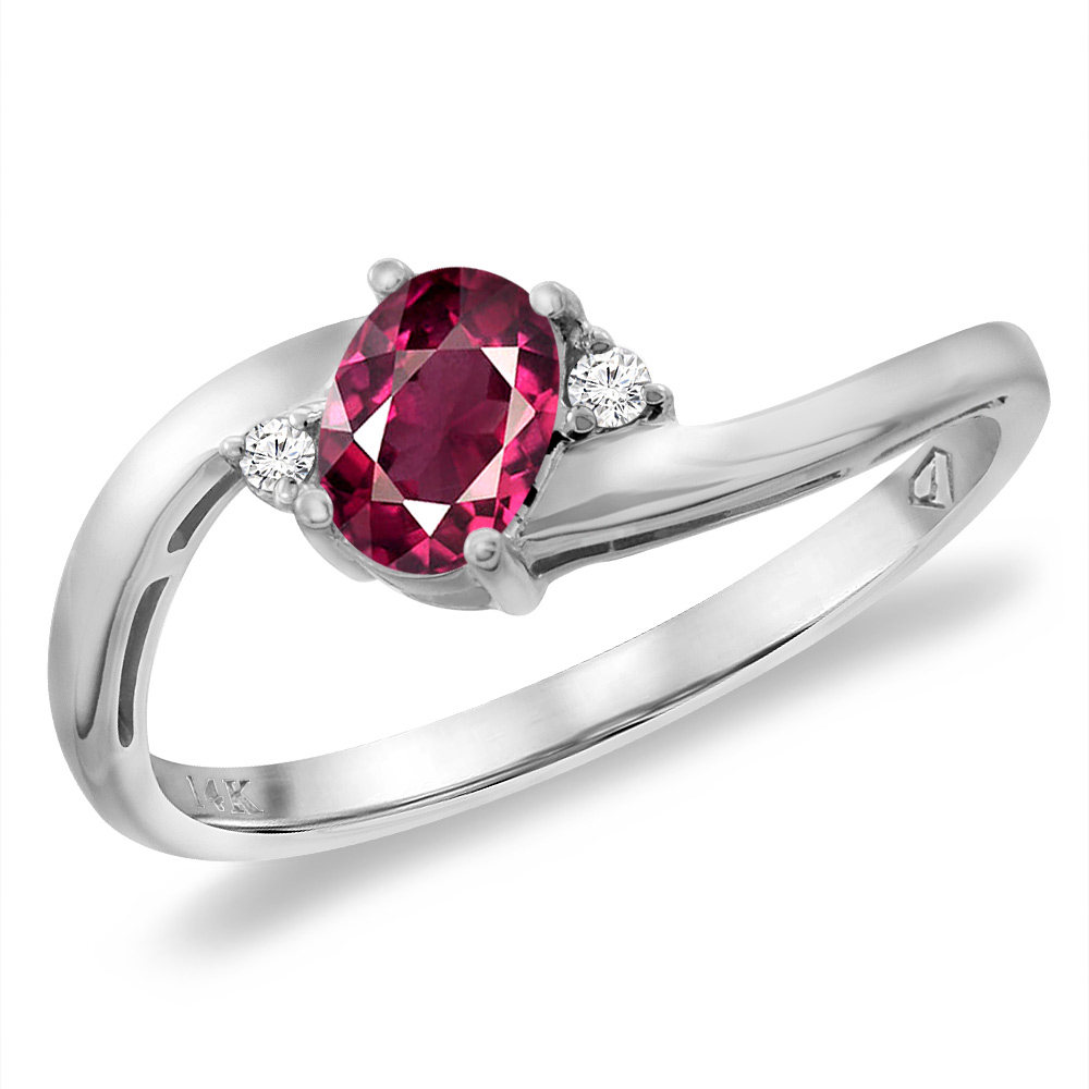 14K White Gold Diamond Natural Rhodolite Bypass Engagement Ring Oval 6x4 mm, sizes 5 -10