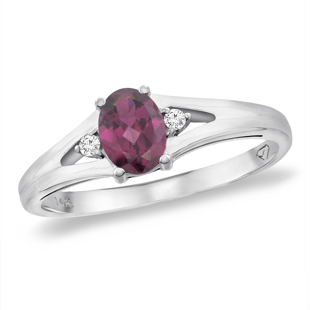 14K White Gold Diamond Natural Rhodolite Engagement Ring Oval 6x4 mm, sizes 5 -10