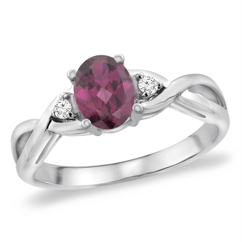 14K White Gold Diamond Natural Rhodolite Infinity Engagement Ring Oval 7x5 mm, sizes 5 -10