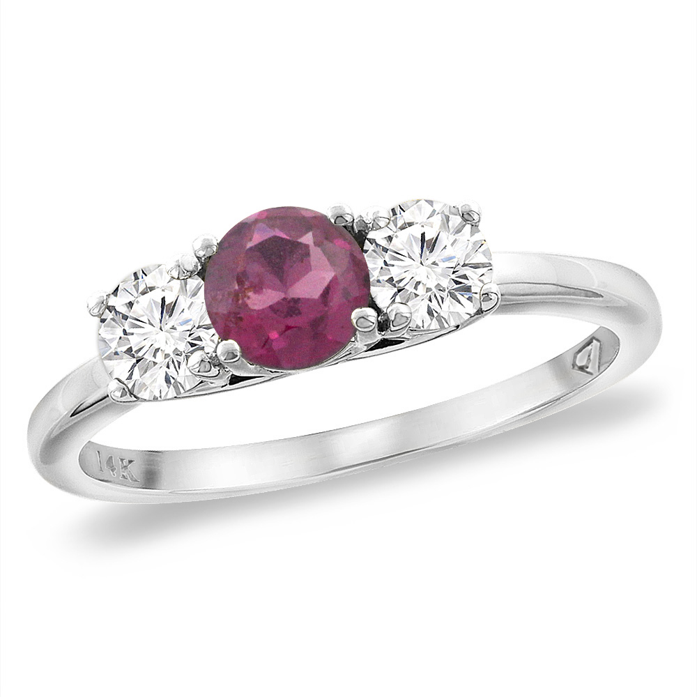 14K White Gold Diamond Natural Rhodolite Engagement Ring 5mm Round, sizes 5 -10