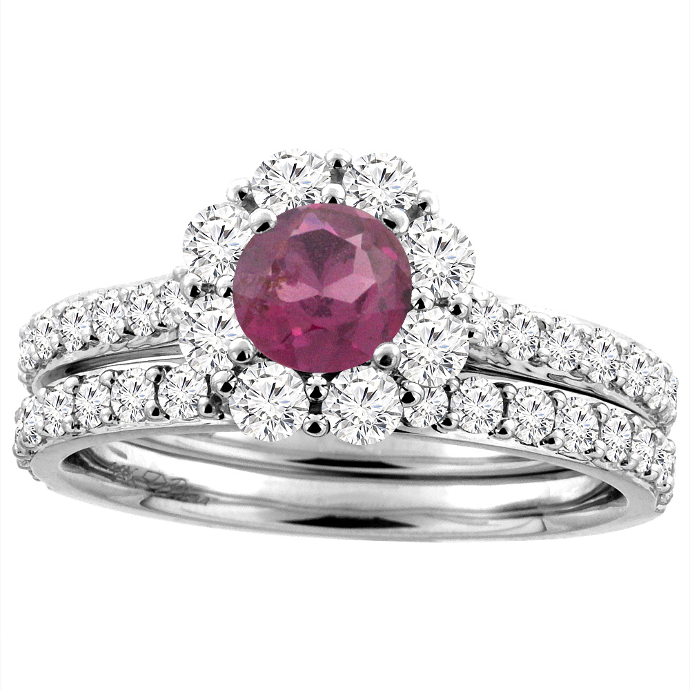 14K White Gold Diamond Natural Rhodolite Garnet Halo Engagement Ring Set Round 5 mm, sizes 5-10