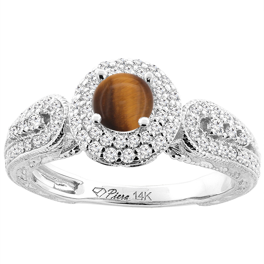 14K White Gold Natural Tiger Eye &amp; Diamond Halo Ring Round 5 mm, sizes 5-10