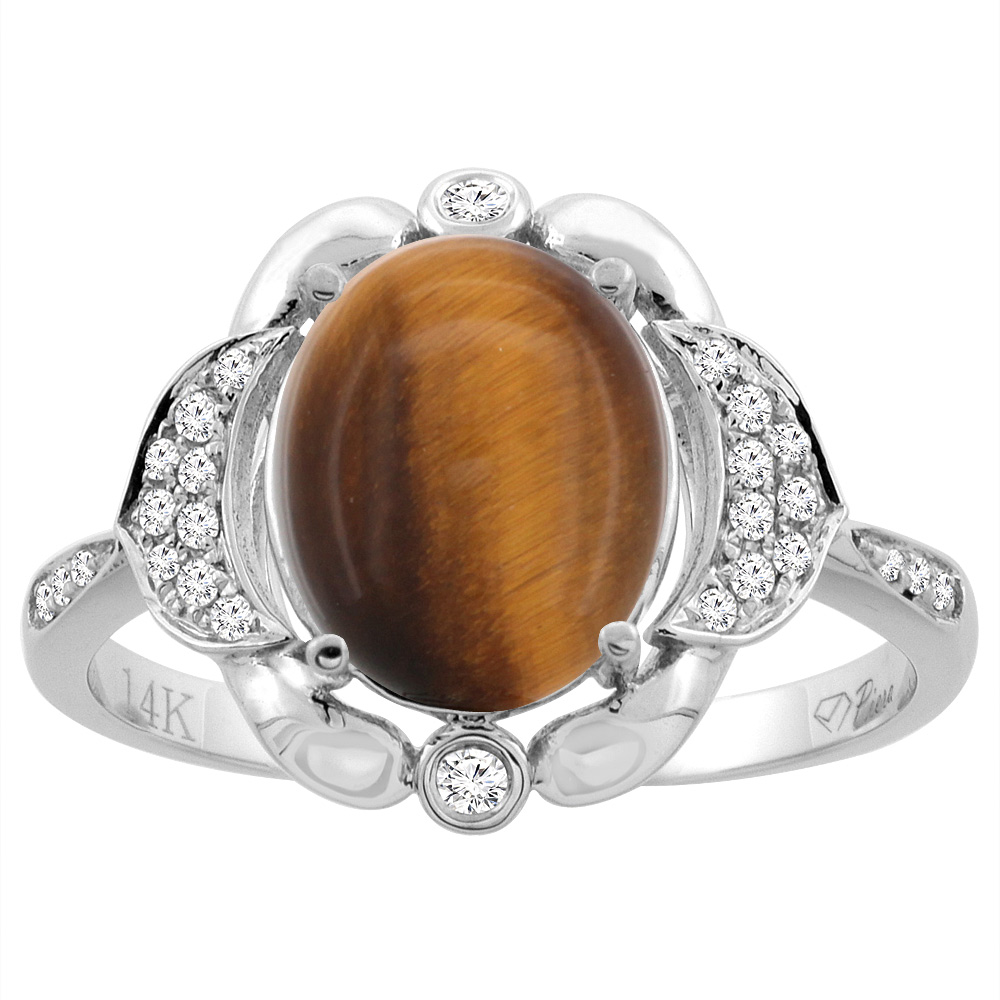 14K Yellow Gold Diamond Natural Tiger Eye Engagement Ring Oval 10x8mm, sizes 5-10