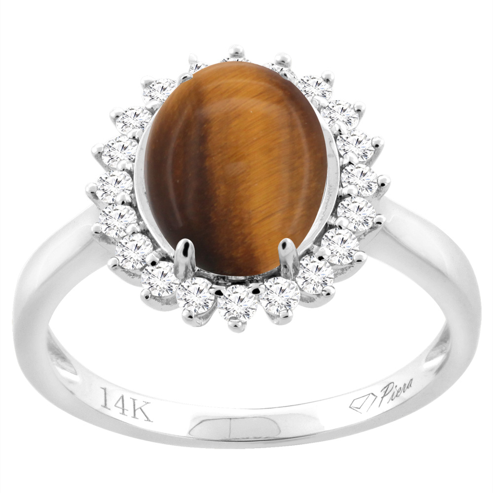 14K White Gold Diamond Natural Tiger Eye Engagement Ring Oval 10x8mm, sizes 5-10