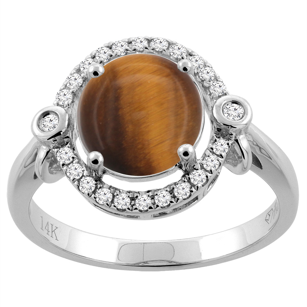 14K White Gold Diamond Natural Tiger Eye Engagement Ring Oval 10x8mm, sizes 5-10