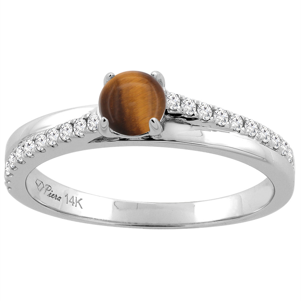 14K White Gold Natural Tiger Eye Engagement Ring Round 5 mm & Diamond Accents, sizes 5 - 10