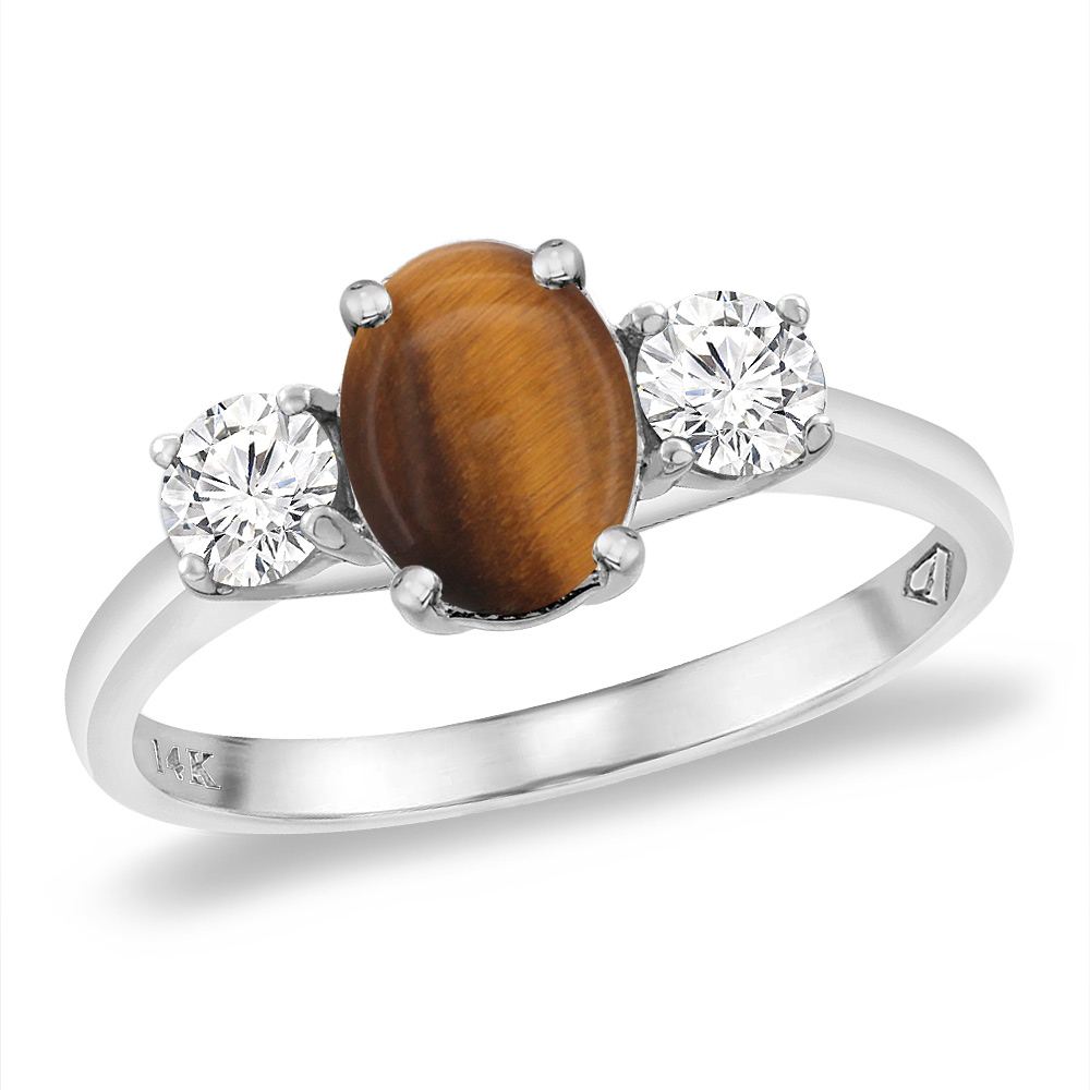 14K White Gold Natural Tiger Eye & 2pc. Diamond Engagement Ring Oval 8x6 mm, sizes 5 -10