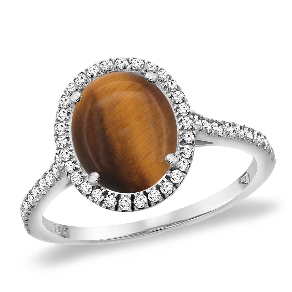 14K White Gold Natural Tiger Eye Diamond Halo Engagement Ring 10x8 mm Oval, sizes 5 -10