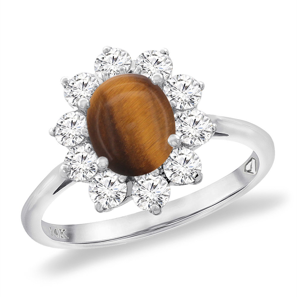 14K White Gold Diamond Natural Tiger Eye Engagement Ring Oval 8x6 mm, sizes 5 -10