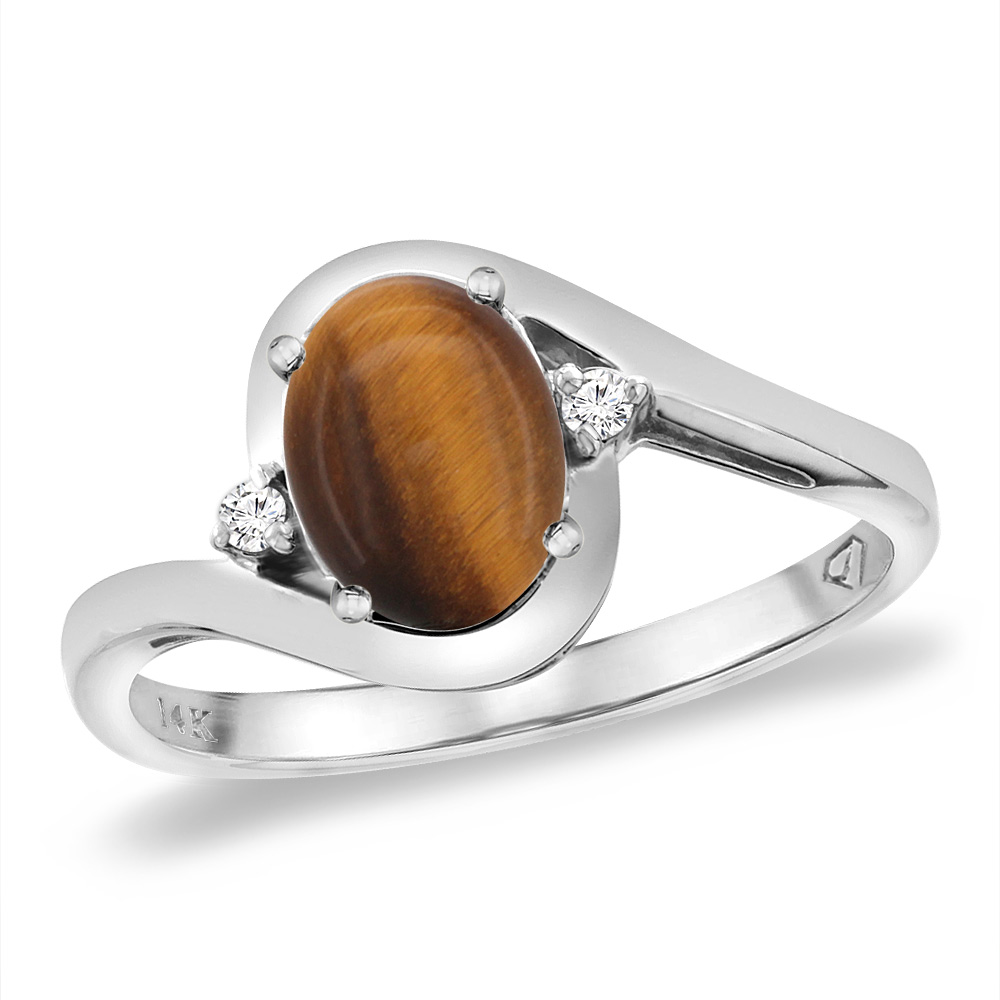 14K White Gold Diamond Natural Tiger Eye Bypass Engagement Ring Oval 8x6 mm, sizes 5 -10