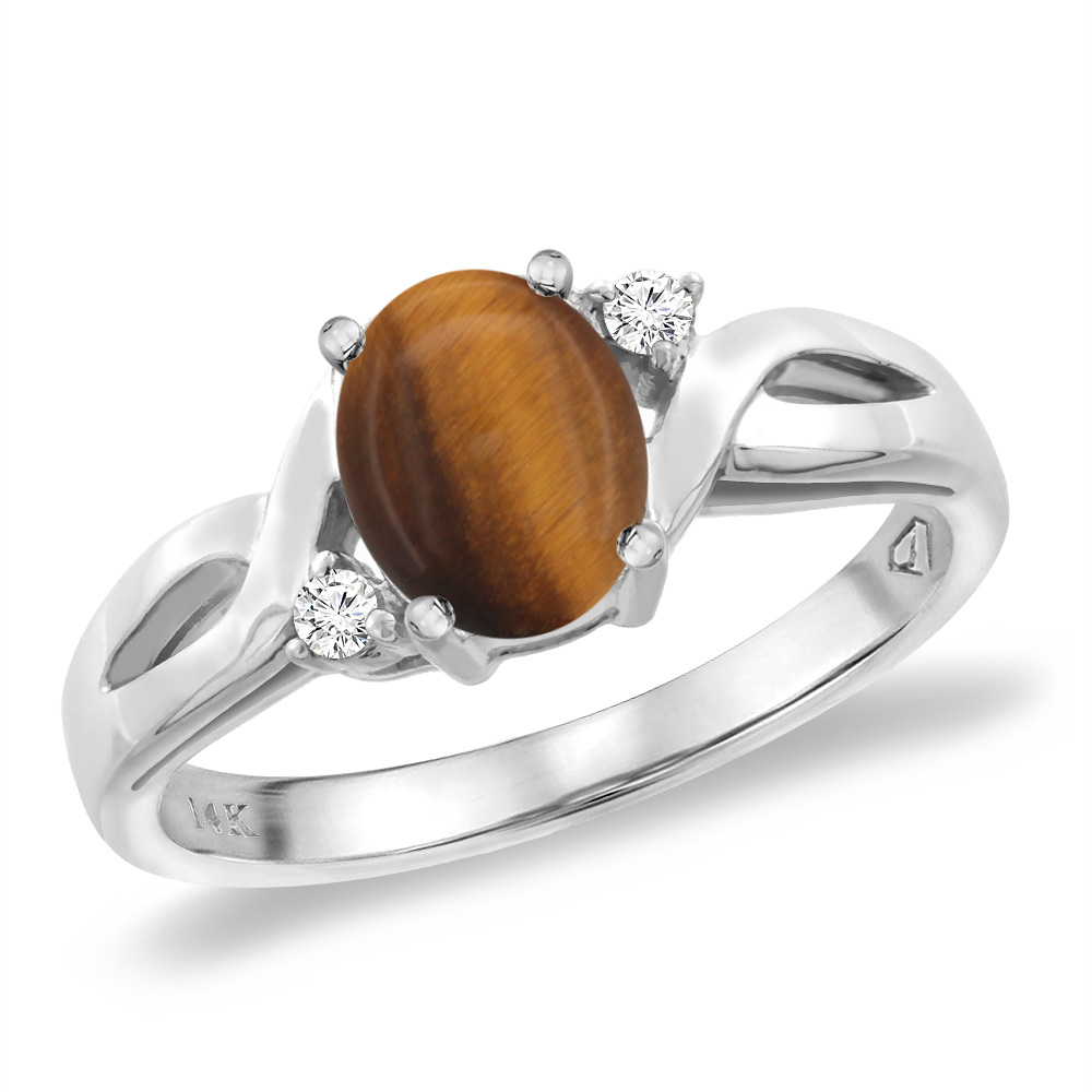 14K White Gold Diamond Natural Tiger Eye Engagement Ring Oval 8x6 mm, sizes 5 -10