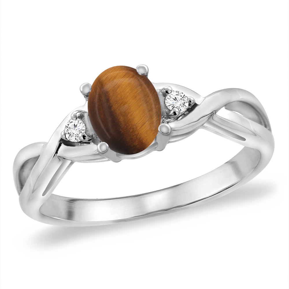14K White Gold Diamond Natural Tiger Eye Infinity Engagement Ring Oval 7x5 mm, sizes 5 -10