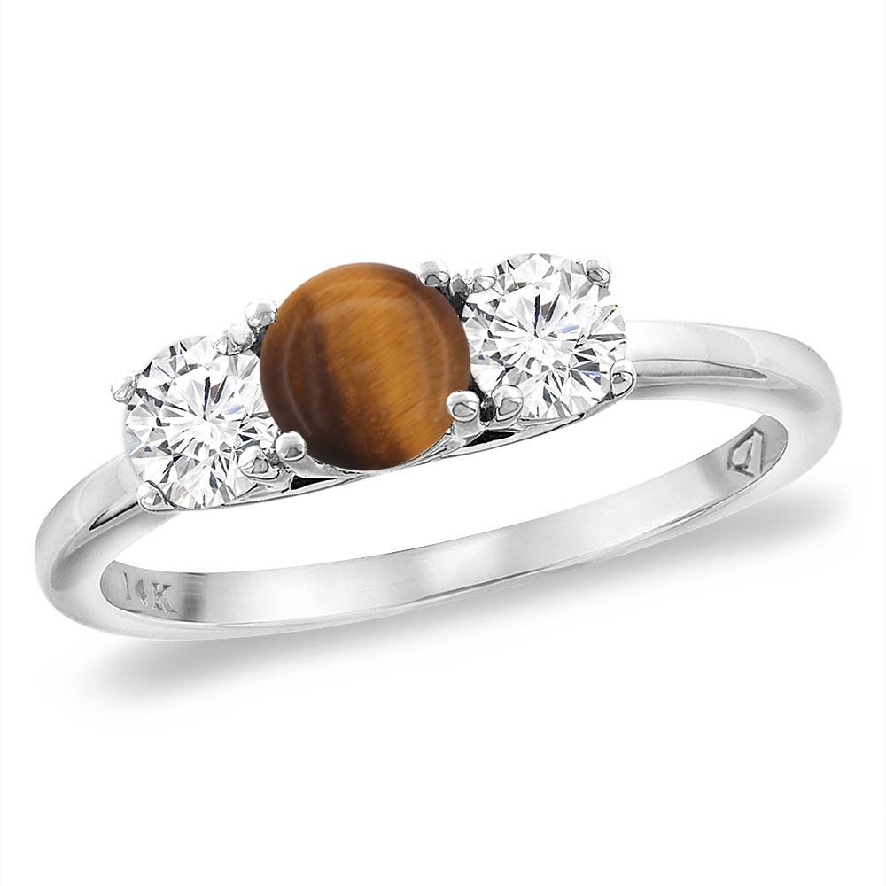 14K White Gold Diamond Natural Tiger Eye Engagement Ring 5mm Round, sizes 5 -10