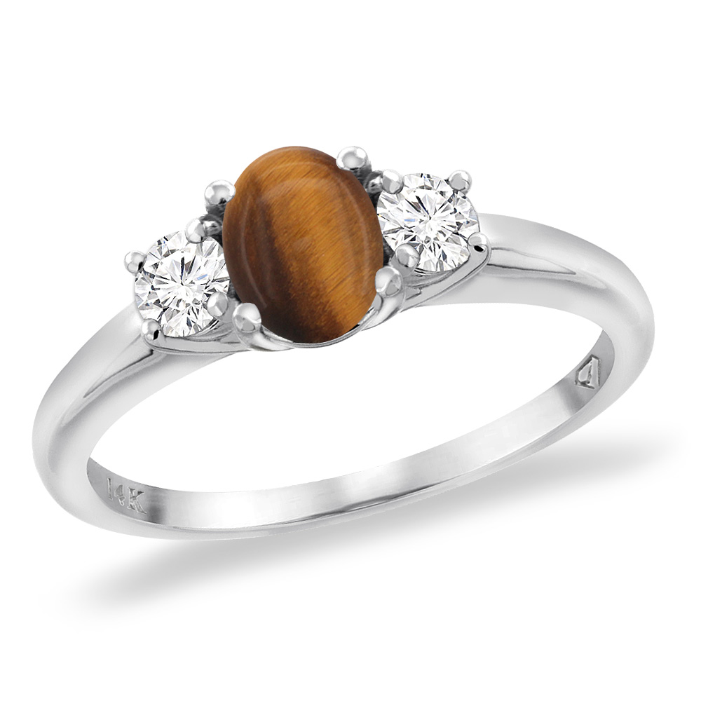 14K White Gold Natural Tiger Eye Engagement Ring Diamond Accents Oval 7x5 mm, sizes 5 -10