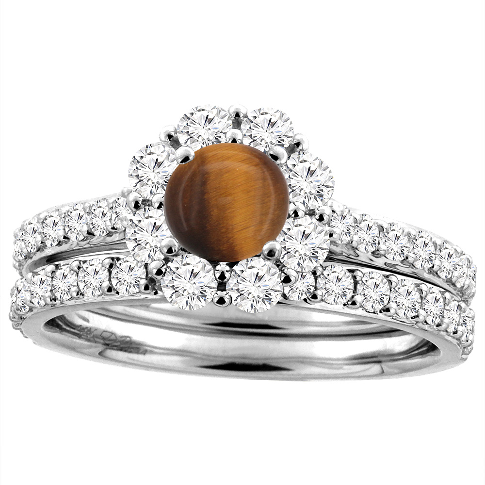 14K White Gold Diamond Natural Tiger Eye Halo Engagement Ring Set Round 5 mm, sizes 5-10
