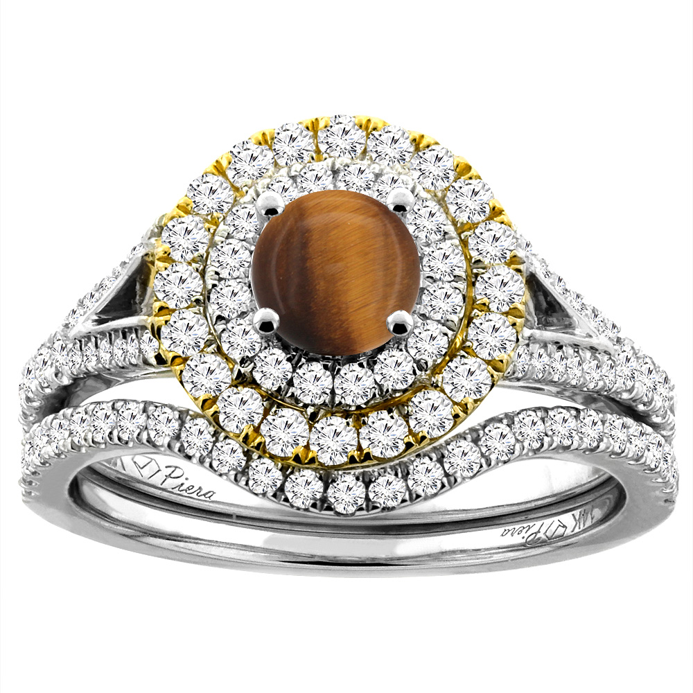 14K White Gold Diamond Natural Tiger Eye Halo Engagement Bridal Ring Set Round 5 mm, sizes 5-10