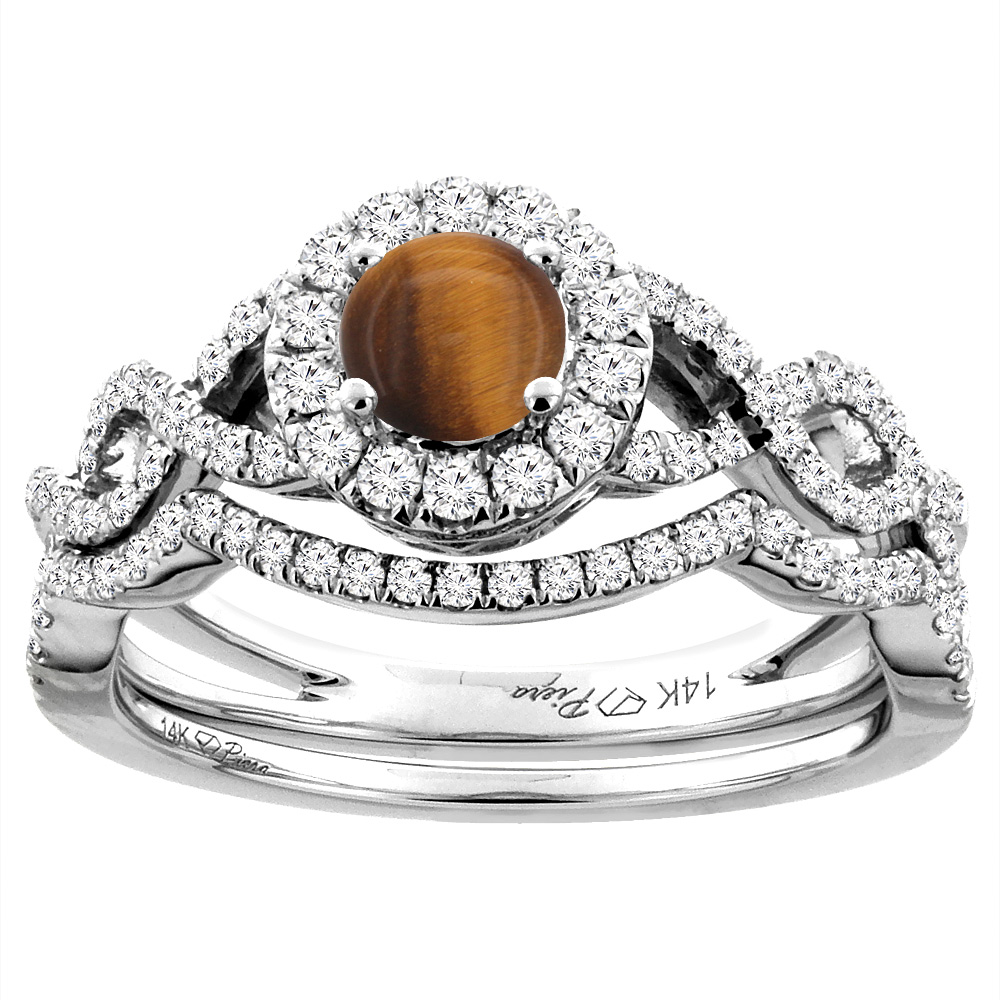 14K White Gold Diamond Natural Tiger Eye Halo Engagement Bridal Ring Set Round 5 mm, sizes 5-10