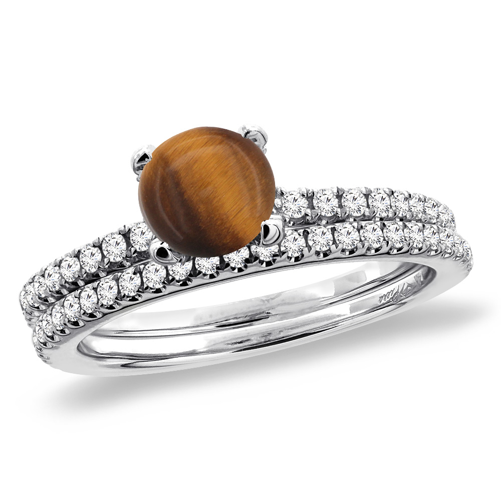 14K White Gold Diamond Natural Tiger Eye 2pc Engagement Ring Set Round 5 mm, sizes 5-10