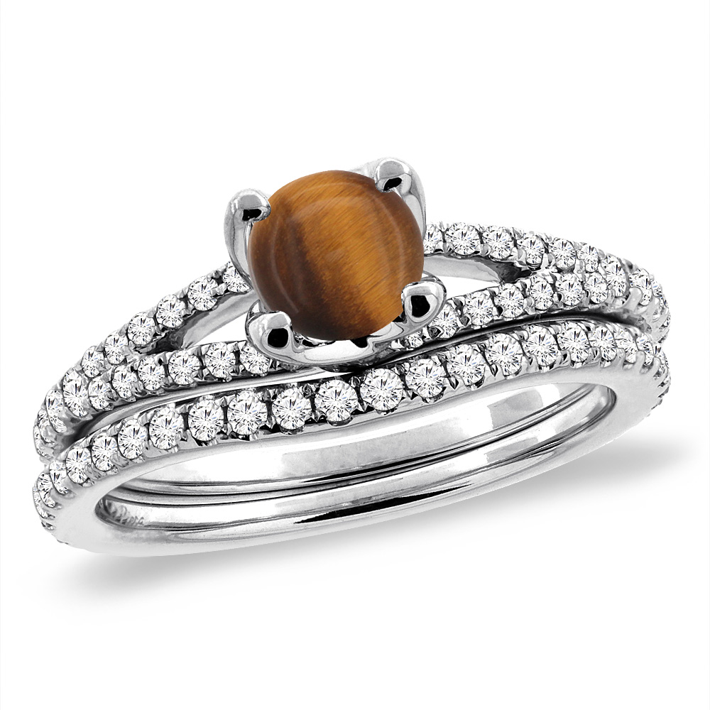 14K White Gold Diamond Natural Tiger Eye 2pc Engagement Ring Set Round 5 mm, sizes 5-10