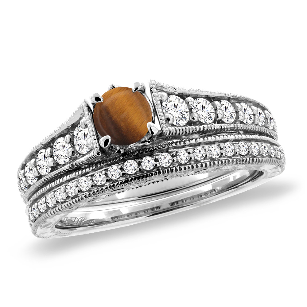 14K White Gold Diamond Natural Tiger Eye 2pc Engagement Ring Set Round 5 mm, sizes 5-10