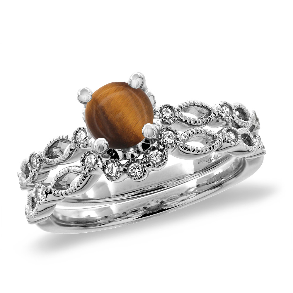 14K White Gold Diamond Natural Tiger Eye 2pc Engagement Ring Set Round 5 mm, sizes 5 - 10