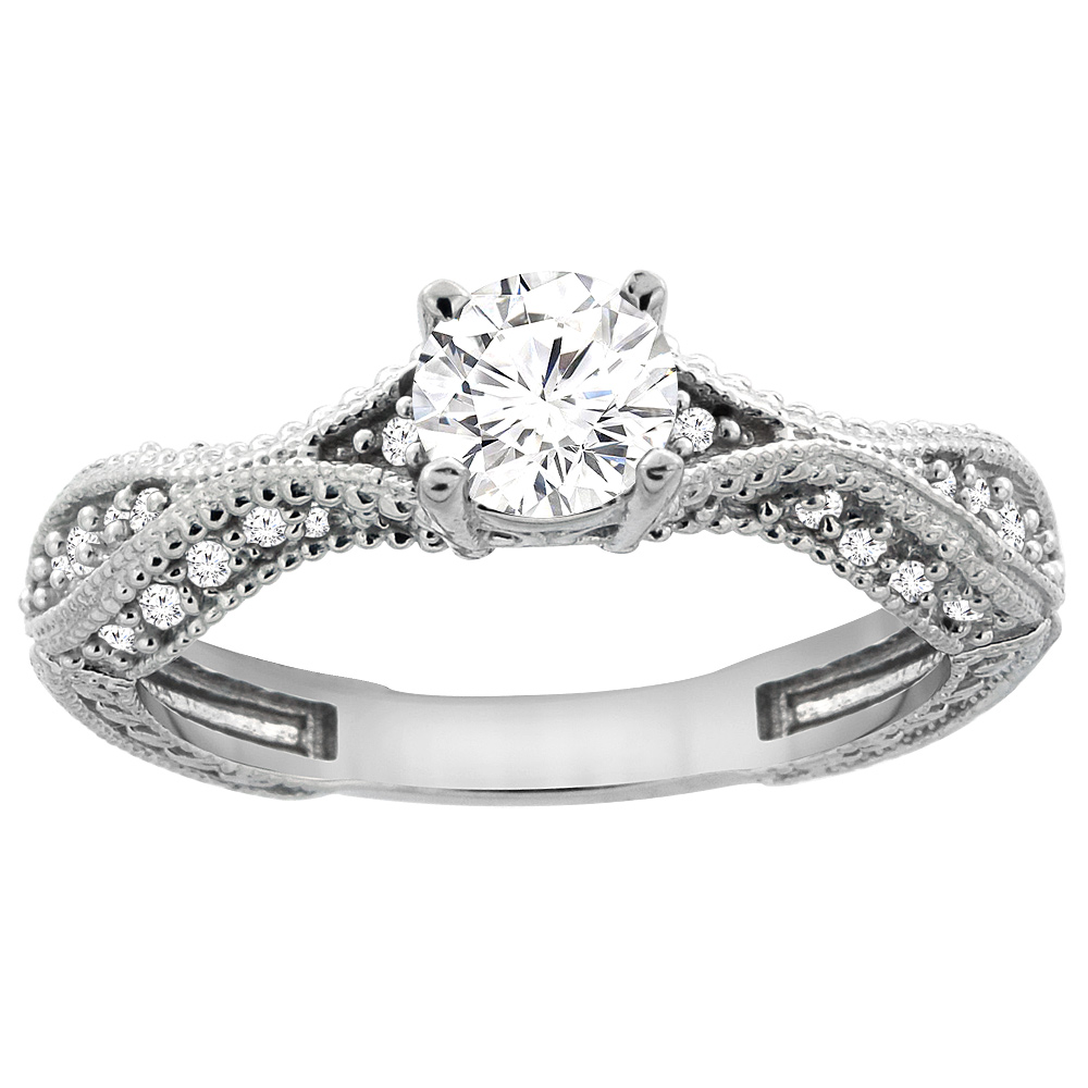 14K White Gold Diamond Engraved Engagement Ring 0.75 cttw, sizes 5 - 10