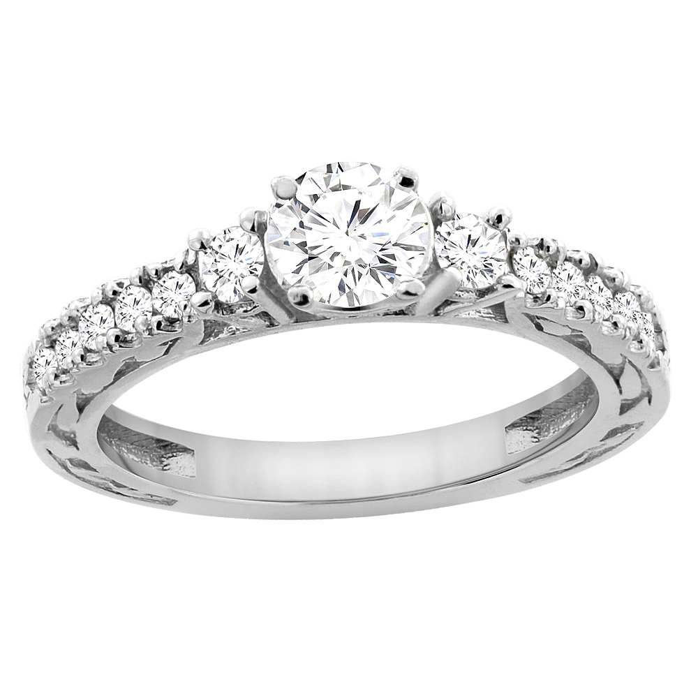 14K White Gold Diamond Engraved Engagement Ring 1.12 cttw, sizes 5 - 10