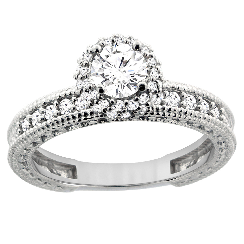 14K White Gold Diamond Engraved Engagement Ring 0.75 cttw, sizes 5 - 10