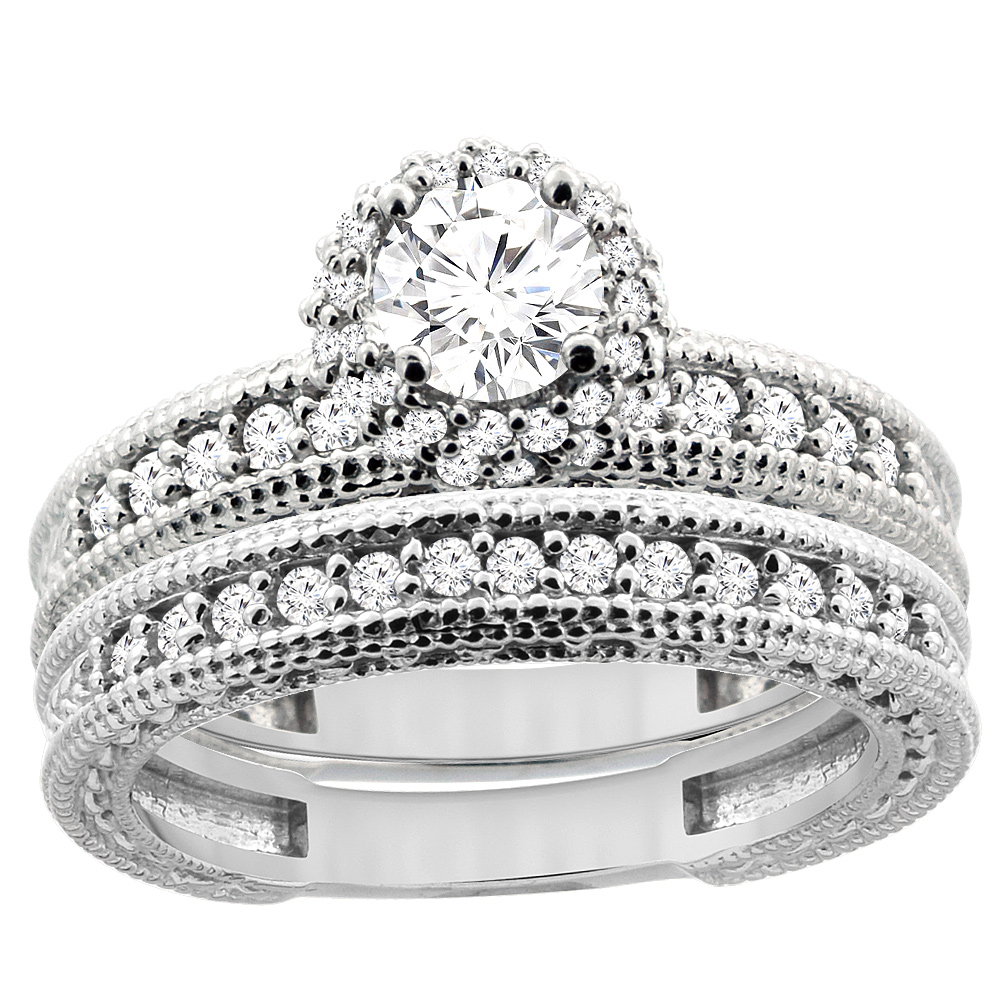 14K White Gold Diamond Engraved Engagement Ring 2-piece Set 0.91 cttw, sizes 5 - 10