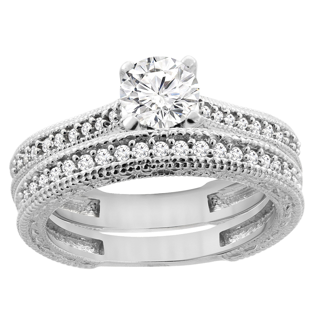 14K White Gold Diamond Engraved Engagement Ring 2-piece Set 0.75 cttw, sizes 5 - 10