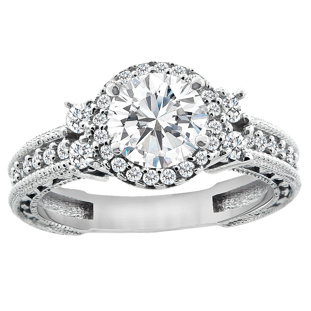 14K White Gold Diamond Halo Engraved Engagement Ring 1.15 cttw, sizes 5 - 10