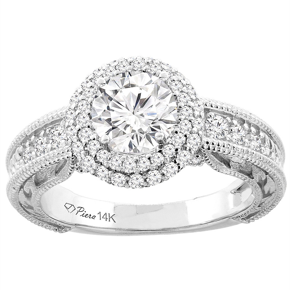 14K White Gold Natural Diamond Halo Ring 1.2 cttw Round 6 mm, sizes 5-10