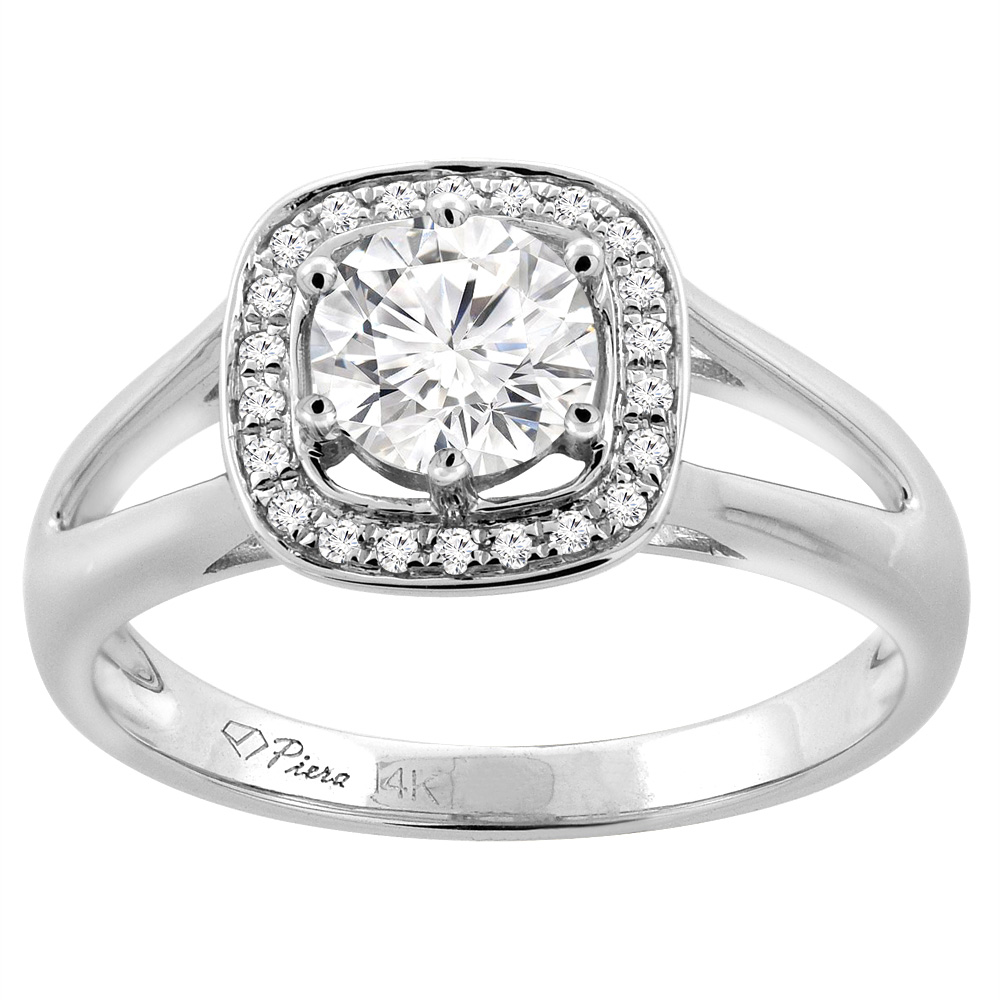 14K White Gold Natural Diamond Engagement Halo Ring Round 0.84 cttw, sizes 5 - 10