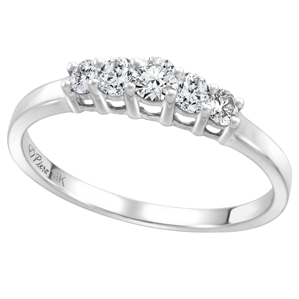 14k White Gold Graduated Genuine Diamond 5-Stone Wedding Band Round Brilliant cut 0.3ct 2-2.8mm, size5-10