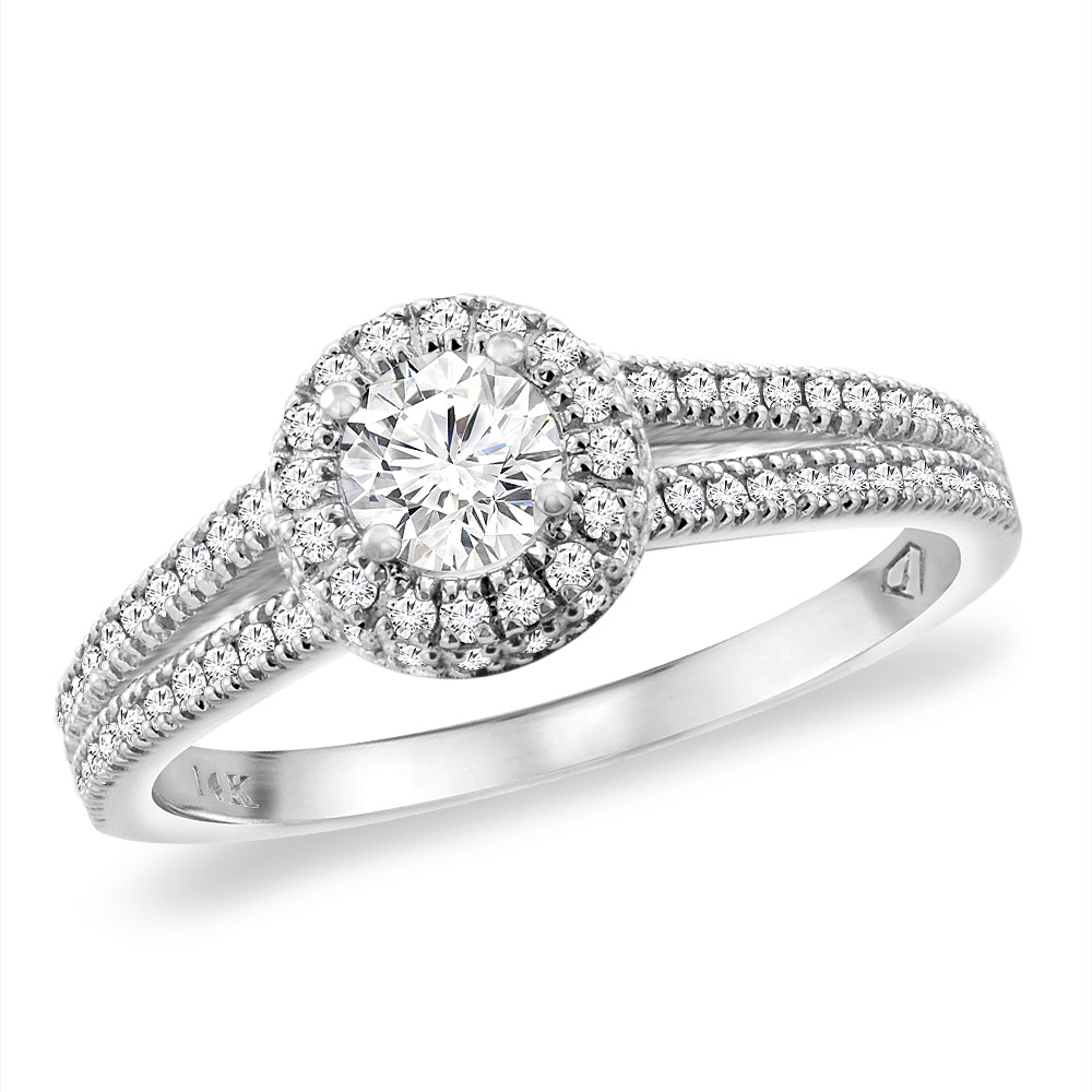 14K White Gold 0.62 cttw Genuine Diamond Halo Split Shank Engagement Ring, sizes 5 -10