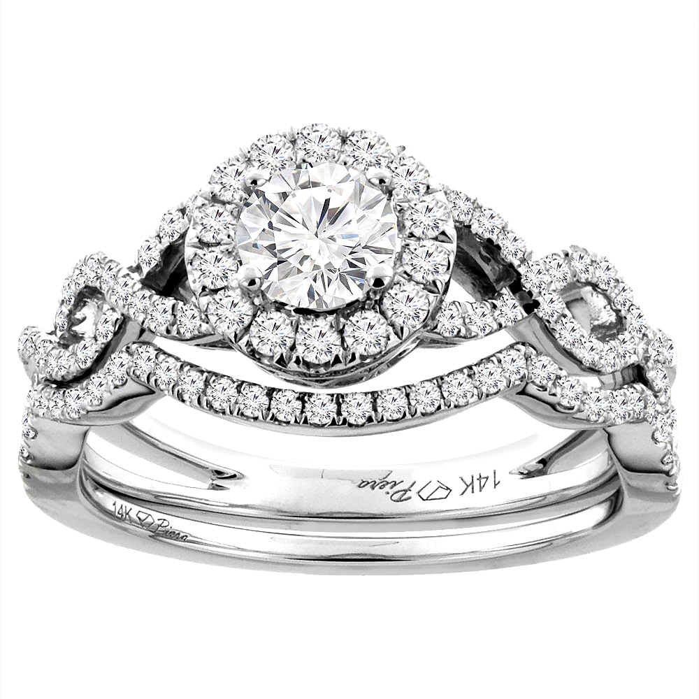14K White Gold 0.5 ct. Cubic Zirconia Halo Engagement Bridal Ring Set with Diamond Accents, sizes 5-10