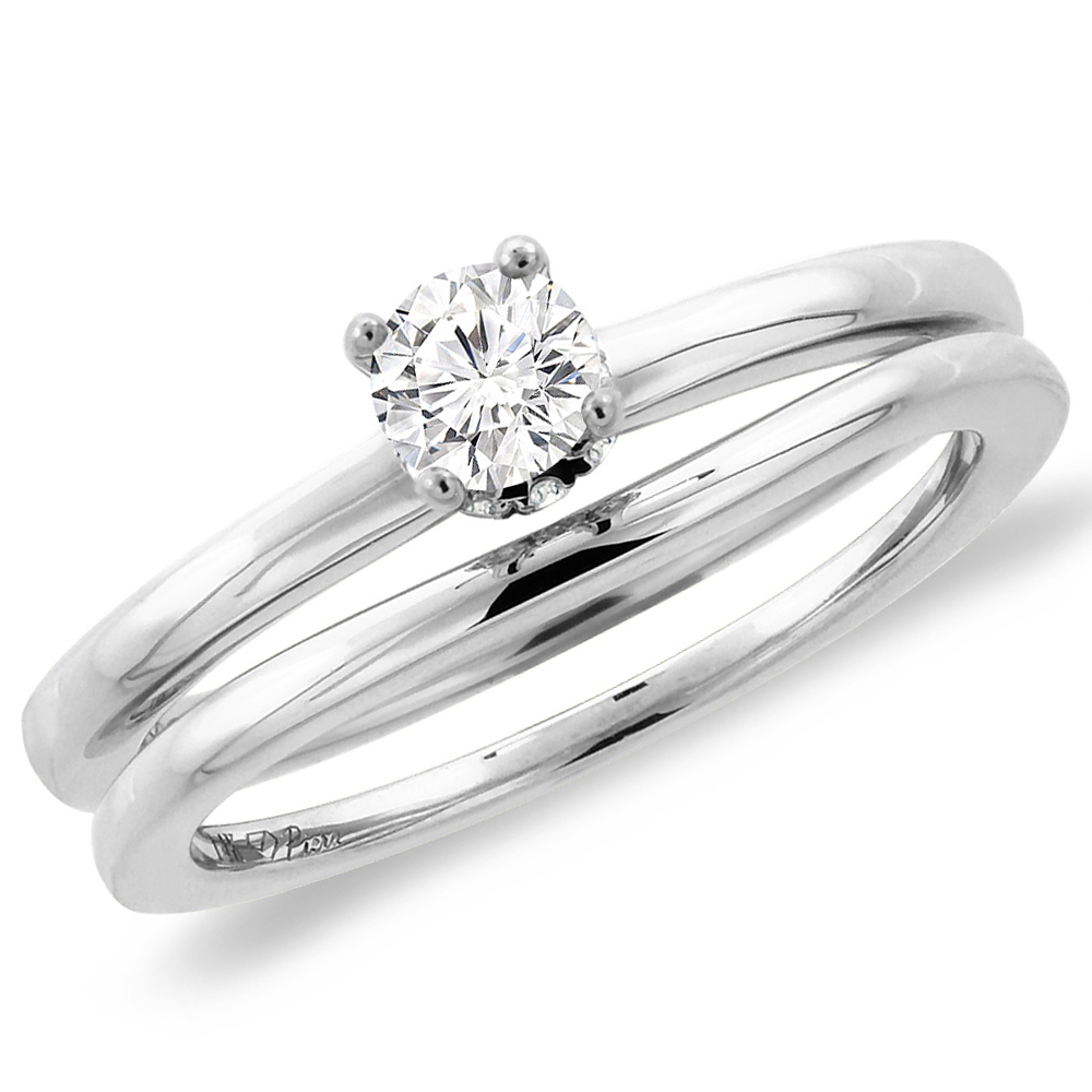 14K White Gold 0.77 cttw Genuine Diamond 2pc Solitaire Engagement Ring Set, sizes 5-10